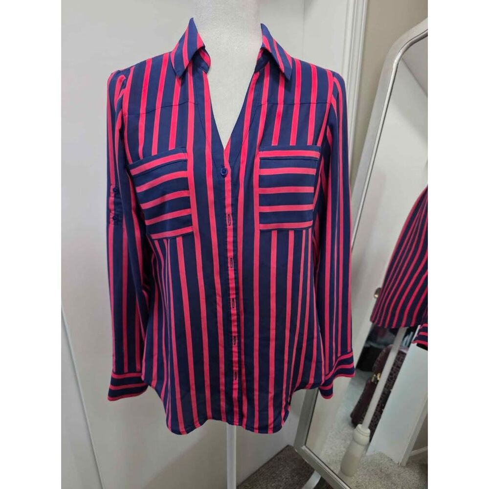 Express The Portofino Shirt Navy and Pink Striped Blouse